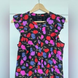 J.Crew 100% Silk Floral Dress Size 6 Black Pink Purple Fit & Flare Midi